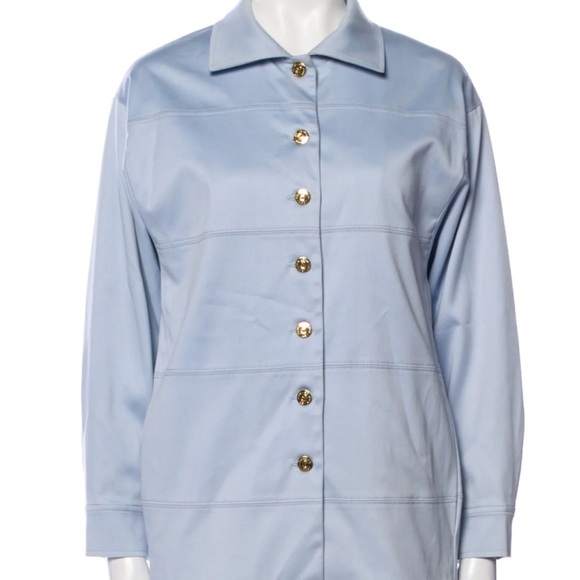 St John Vintage Oversize Lt Blue Barn Jacket Stretch Cotton Logo Button Sz Small - Picture 10 of 10